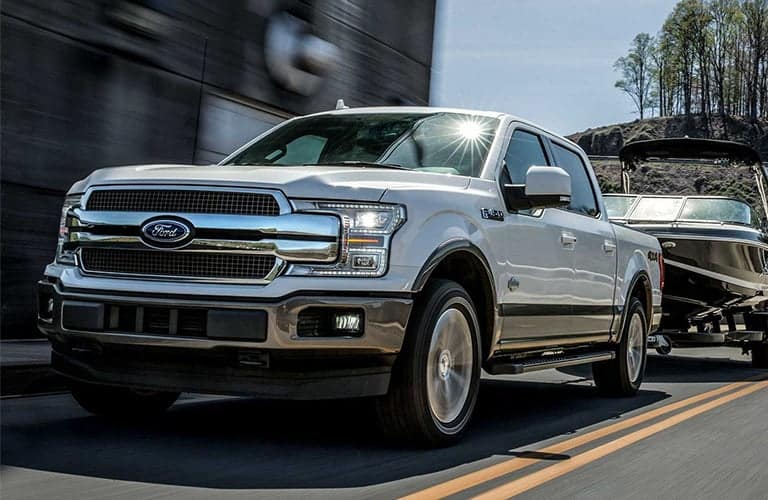 2019 Ford F-150 towing a boat front view