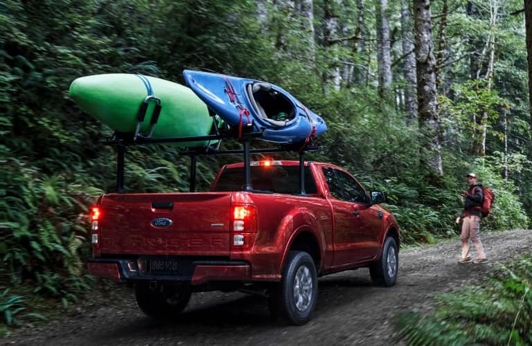 2019 Ford Ranger red back view with kayaks