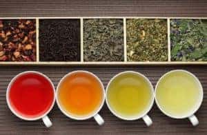 Tea Cups and Tea Leaves Ranging from Dark to Light Colored