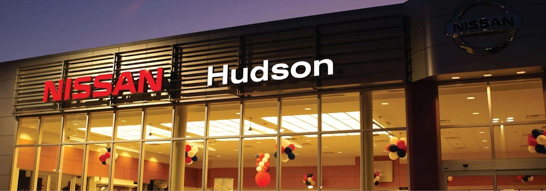 Night shot of Hudson Nissan dealership building