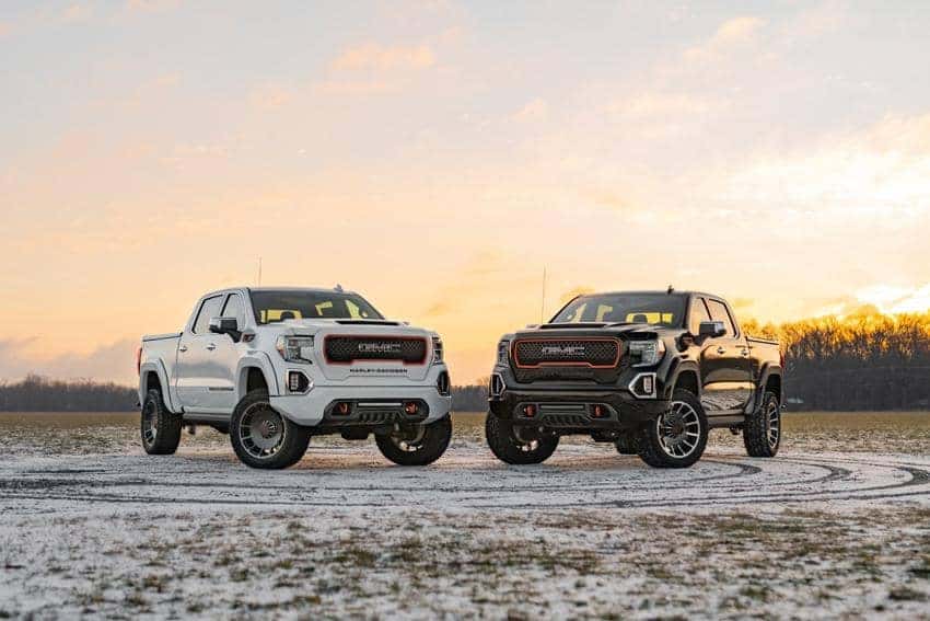 2 Harley-Davidson GMC Sierra Trucks Facing each other