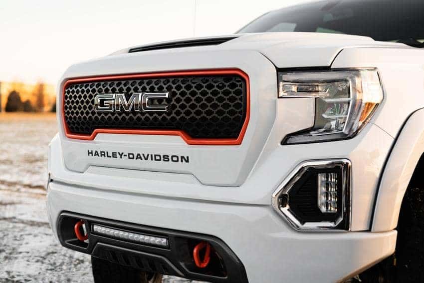 Harley-Davidson GMC Sierra White Truck Showing Harley Davidson Grille angled view