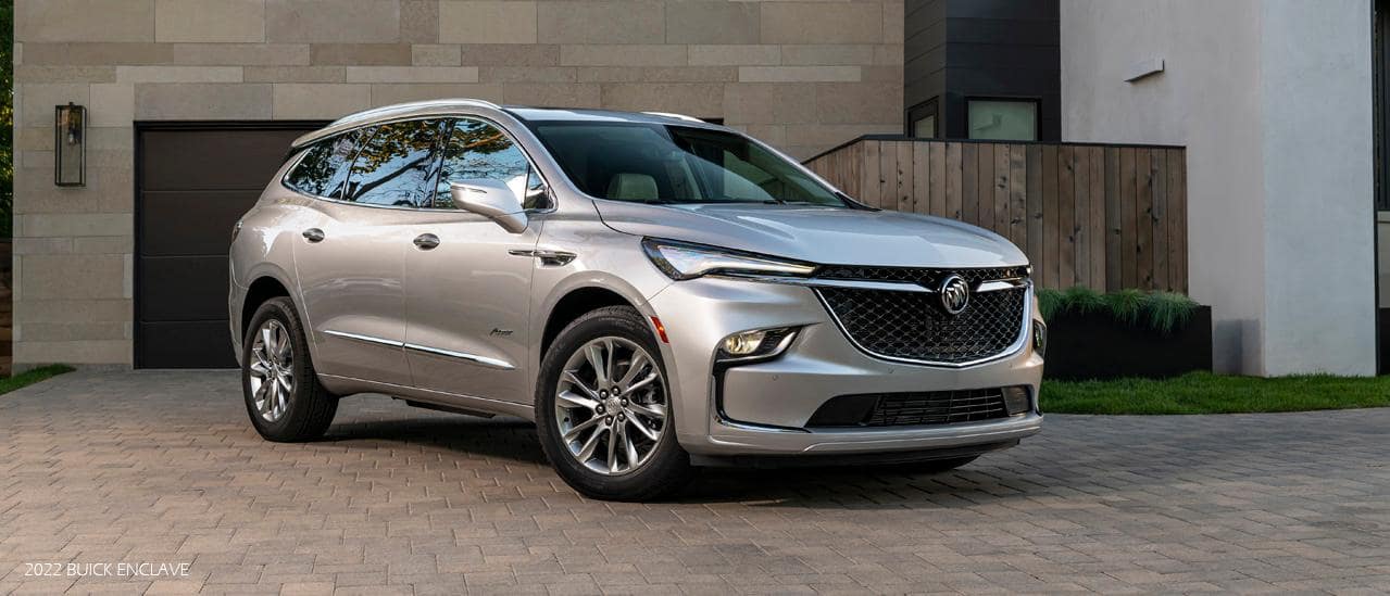2022 Buick Enclave Silver Angled in driveway