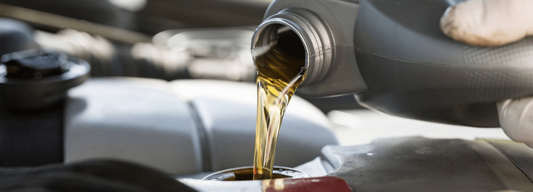 technician pours oil in car engine