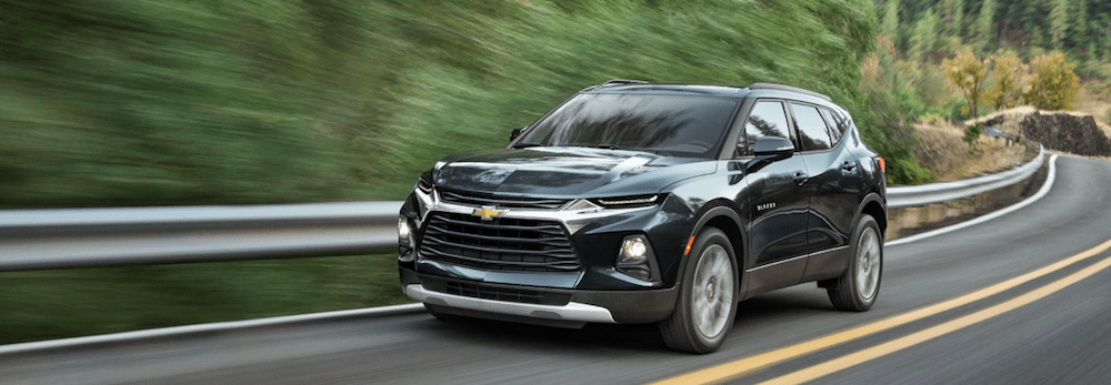 A 2020 Chevy Blazer driving on a mountain road