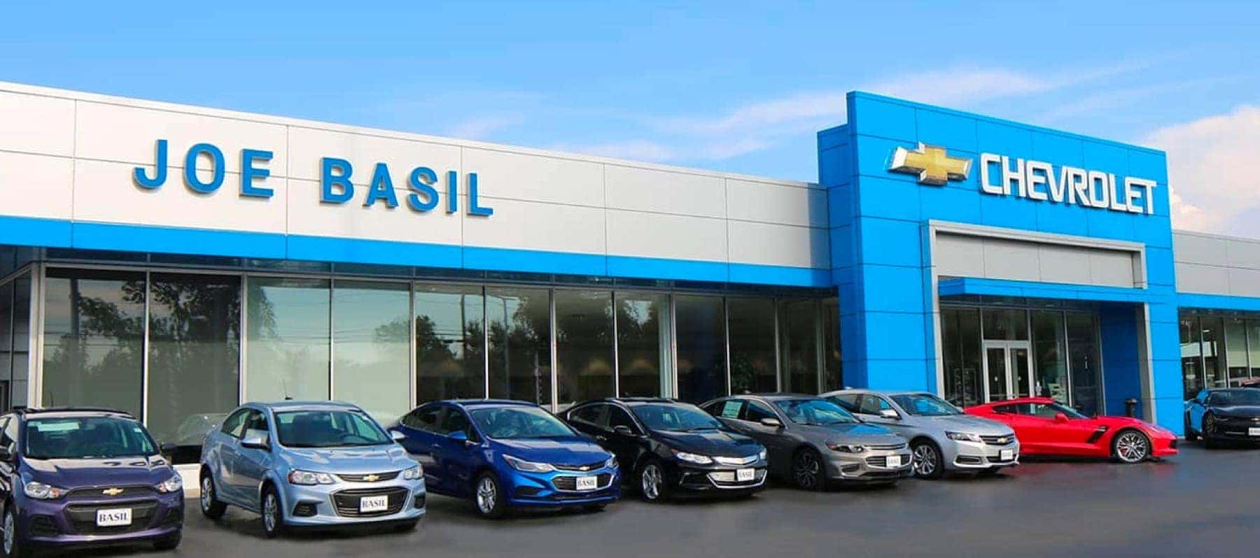 Outside view of the front of the Joe Basil Chevrolet dealership