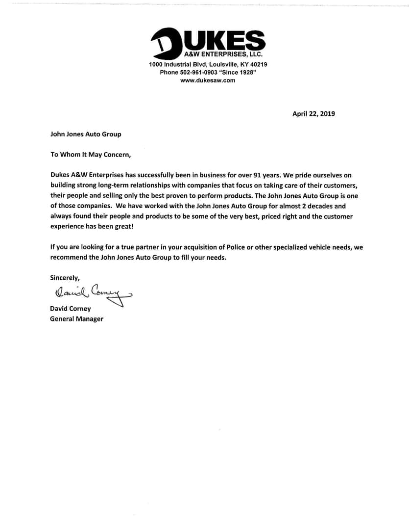 Dukes A&W Enterprises customer testimonial letter
