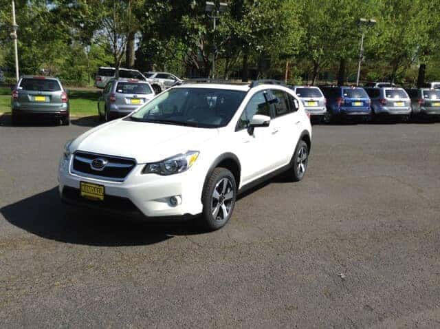 white subaru on lot