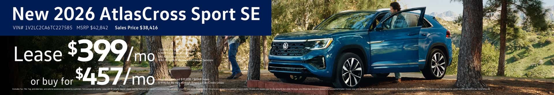 new 2026 Atlas Cross Sport SE Lease for #399/mo or buy for $457/mo