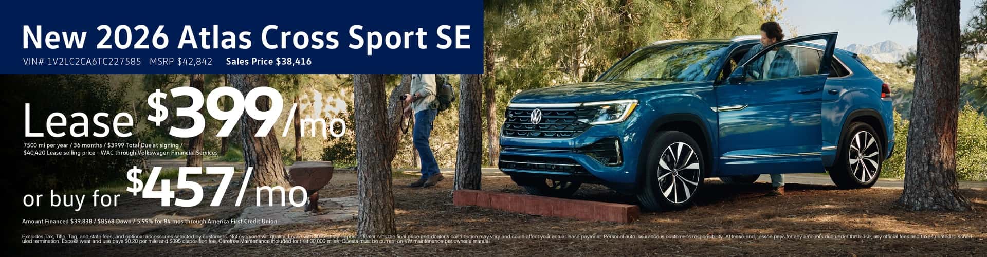 new 2026 Atlas Cross Sport SE Lease for #399/mo or buy for $457/mo