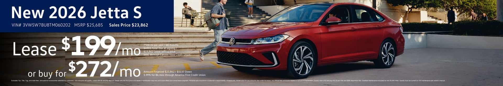 new 2026 Jetta Lease for $199/mo or buy for $272/mo