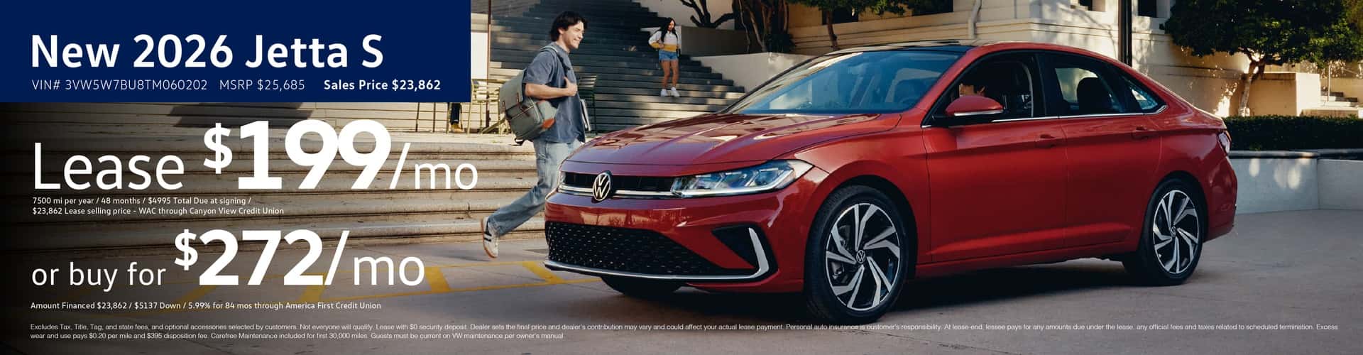 new 2026 Jetta Lease for $199/mo or buy for $272/mo