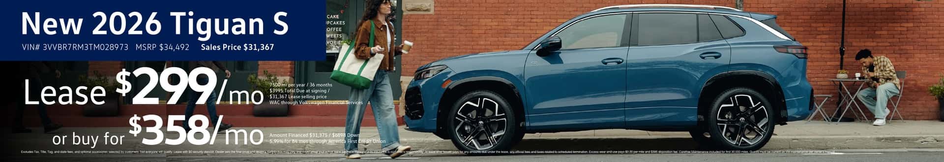 New 2026 Tiguan S Lease for $299/mo or buy for 358/mo