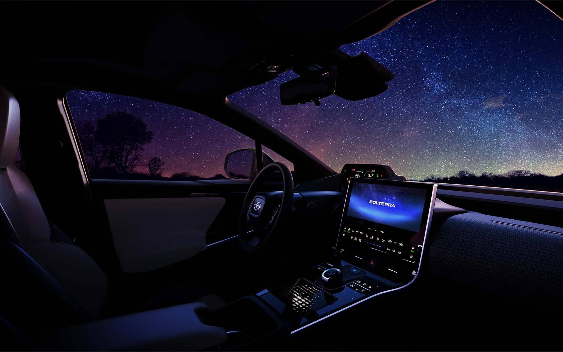View from the inside a subaru at night