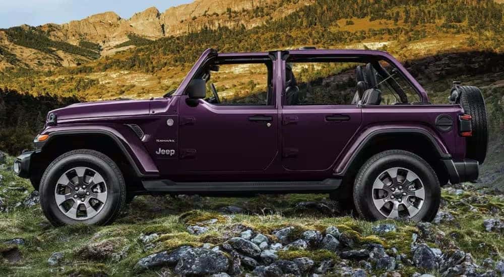 A purple 2023 Jeep Wrangler Sahara is shown parked after viewing a Jeep Wrangler for sale near Huntersville.