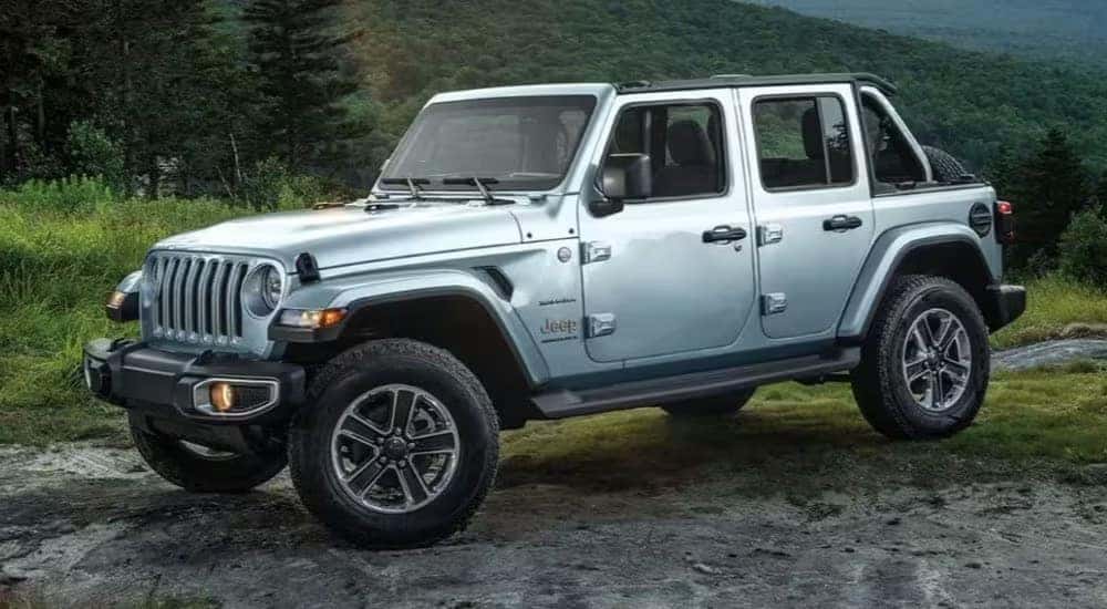 A silver 2023 Jeep Wrangler is shown parked off-road.