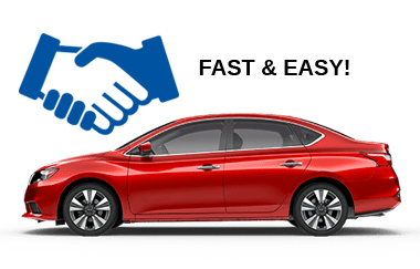 Red Acura with a logo of people shaking hands above it and the text Fast & Easy