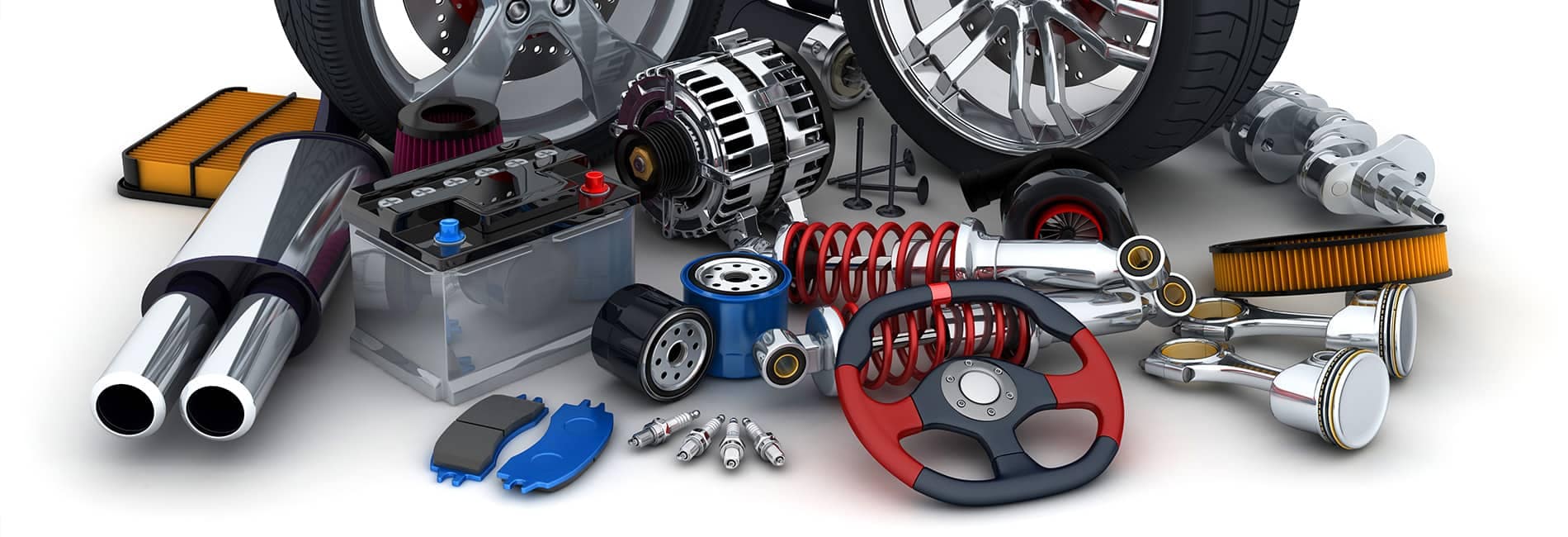 a large amount of car parts in an organized mess against a white background that are generic for legal reasons