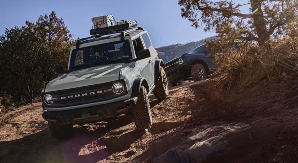 A grey 2024 Ford Bronco and black Bronco are shown off-roading after leaving a Ford dealer near McDonough.