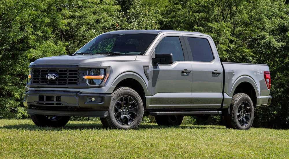 A grey 2024 Ford F-150 for sale near Snellville is shown from the front at an angle.