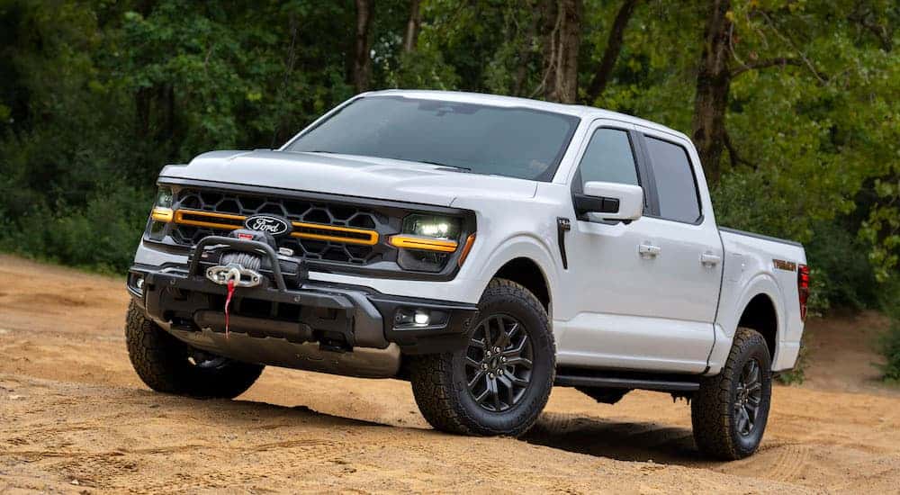 A white 2025 Ford F-150 Tremor is shown from the front at an angle.