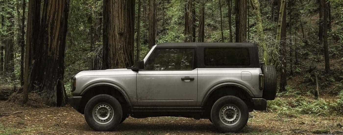 A grey 2023 Ford Bronco is shown from the side parked on a forest trail.