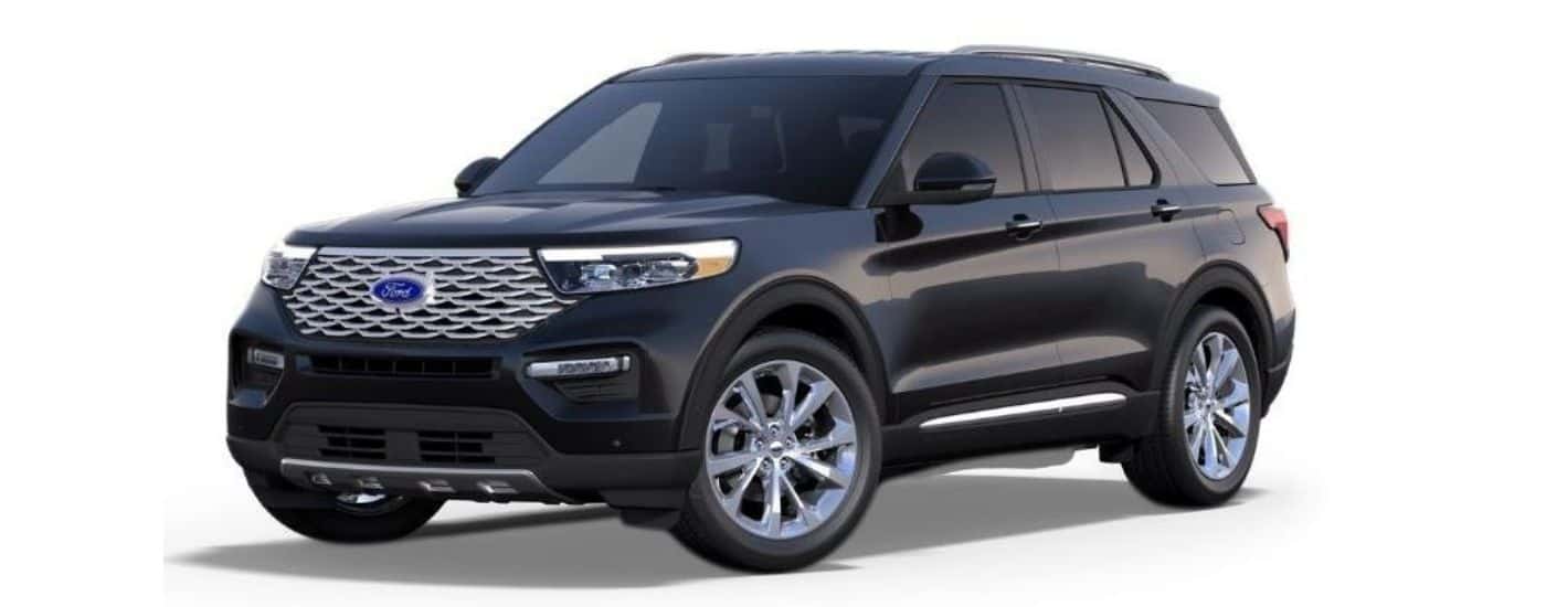 A black 2023 Ford Explorer Platinum is angled left.