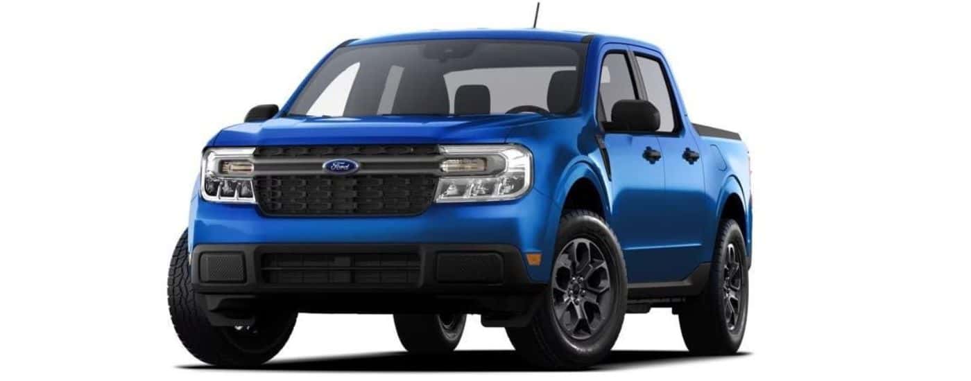 A blue 2023 Ford Maverick XLT is shown angled left.