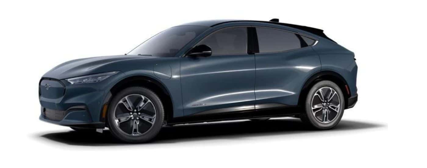 A blue 2023 Ford Mustang Mach-E is shown angled left.