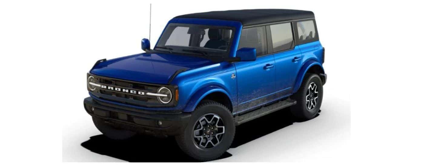 A blue 2024 Ford Bronco Outer Banks is angled left on a white background.