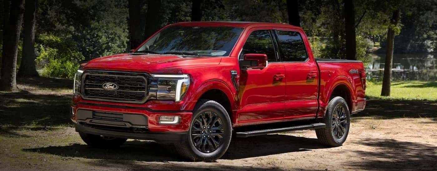 A red 2024 Ford F-150 is shown parked on a dirt path near trees.