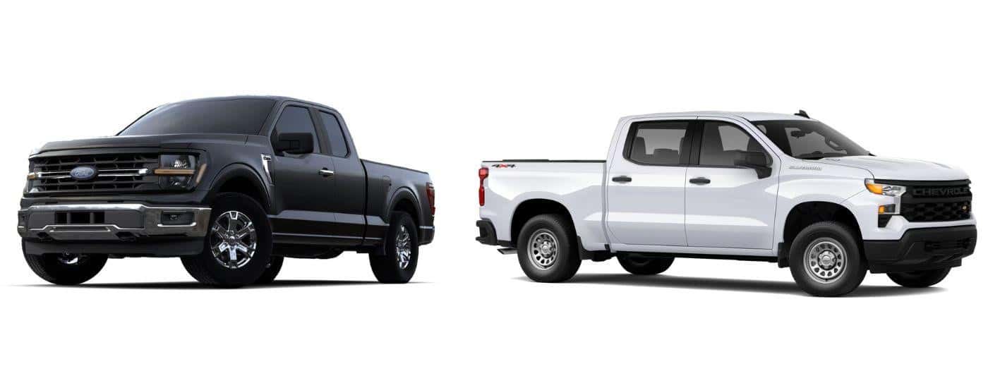 A black 2024 Ford F-150 vs white 2024 Chevy Silverado 1500 are shown facing away from each other.