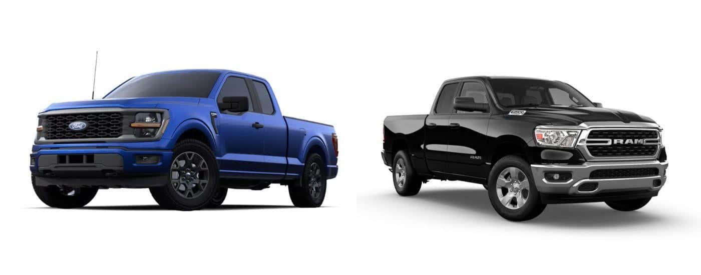 A blue 2024 Ford F-150 STX and a black 2024 Ram 1500 on a white background.