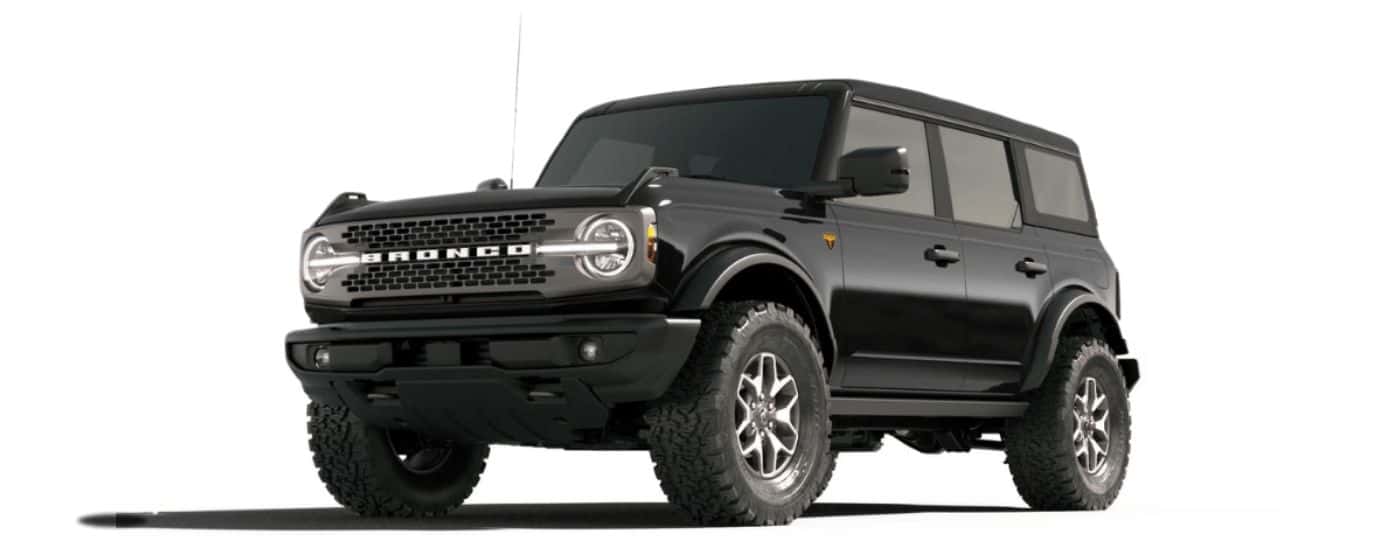 A black 2025 Ford Bronco is angled left on a white background.