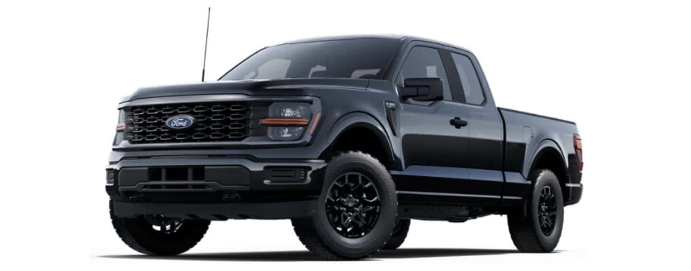 A black 2025 Ford F-150 STX angled left on a white background.