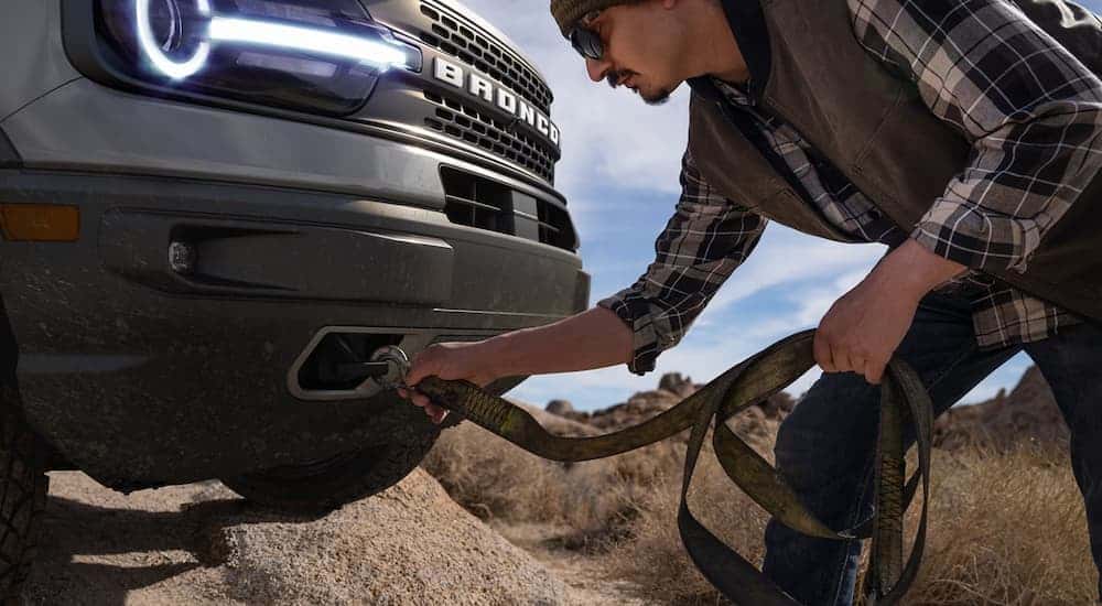 A close up of the tow hooks on a 2023 Ford Bronco Sport for sale.