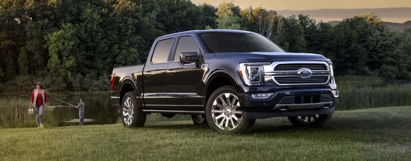 A black 2023 Ford F-150 is shown parked on grass next to a fishing pond.