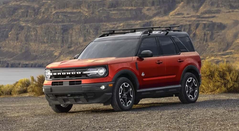A red 2025 Ford Bronco Sport is shown from the front at an angle after leaving a Ford dealer near Decatur..