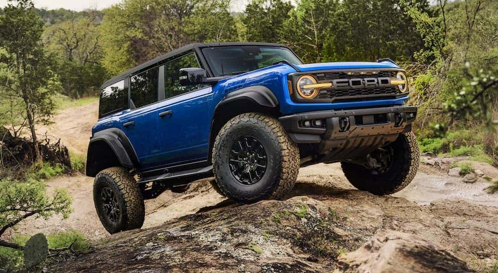 A blue 2025 Ford Bronco Raptor parked off-road on a small hill.