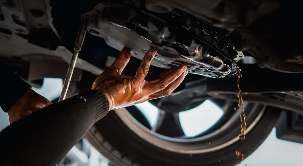 A mechanic draining transmission fluid underneath a car.