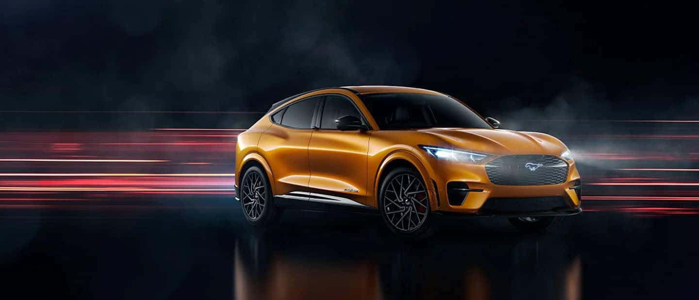 2021 Ford Mach-E with colored lights streaking behind it