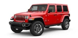 A red 2019 Jeep Wrangler Sahara