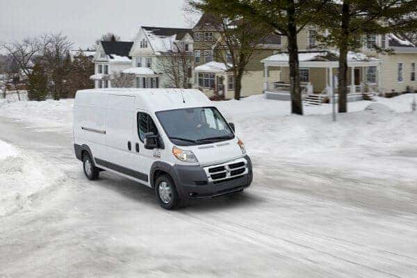 Ram ProMaster A white ProMaster in the snow