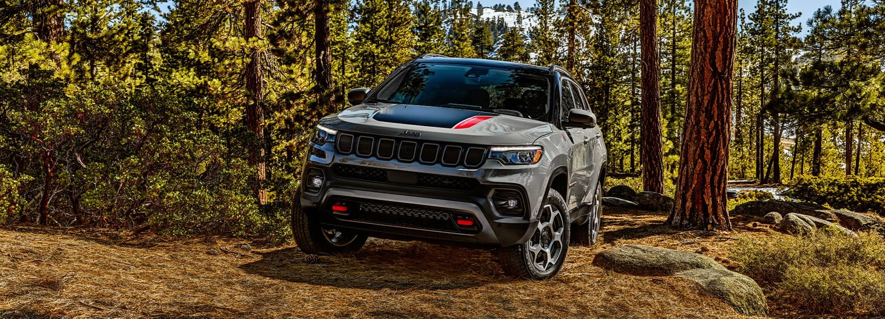 Sting Grey 2022 Jeep Compass Trailhawk on a forest path
