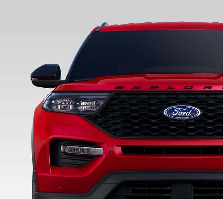Front of a red Ford vehicle