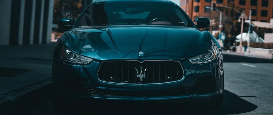 Front view of a dark Maserati car