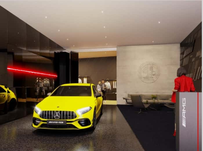 yellow MB in showroom