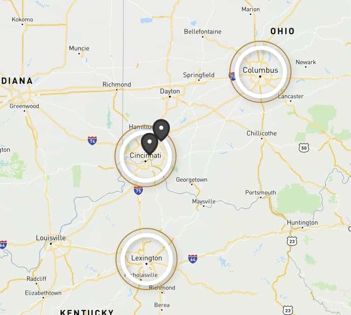 Road map showing map markers of McCluskey locations and nearby towns