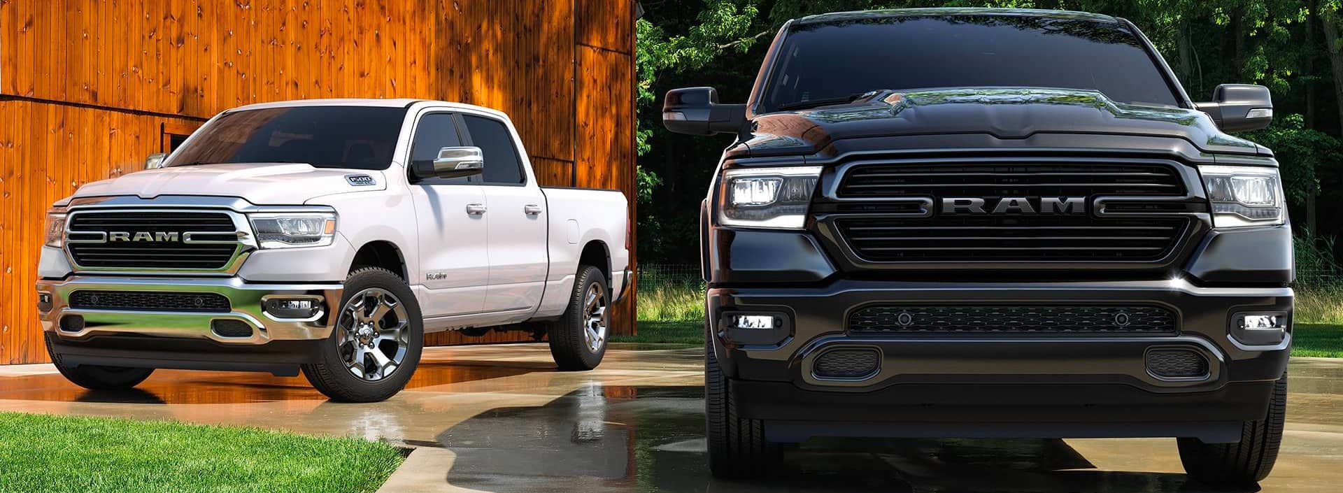 two ram trucks parked