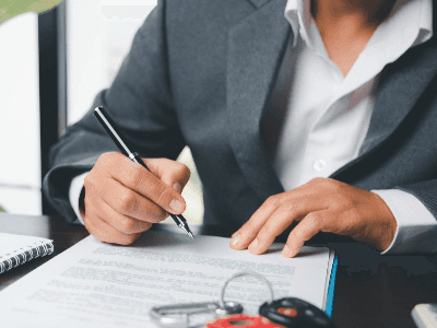 mullinax customer filling in insurance information on new vehicle purchase paperwork